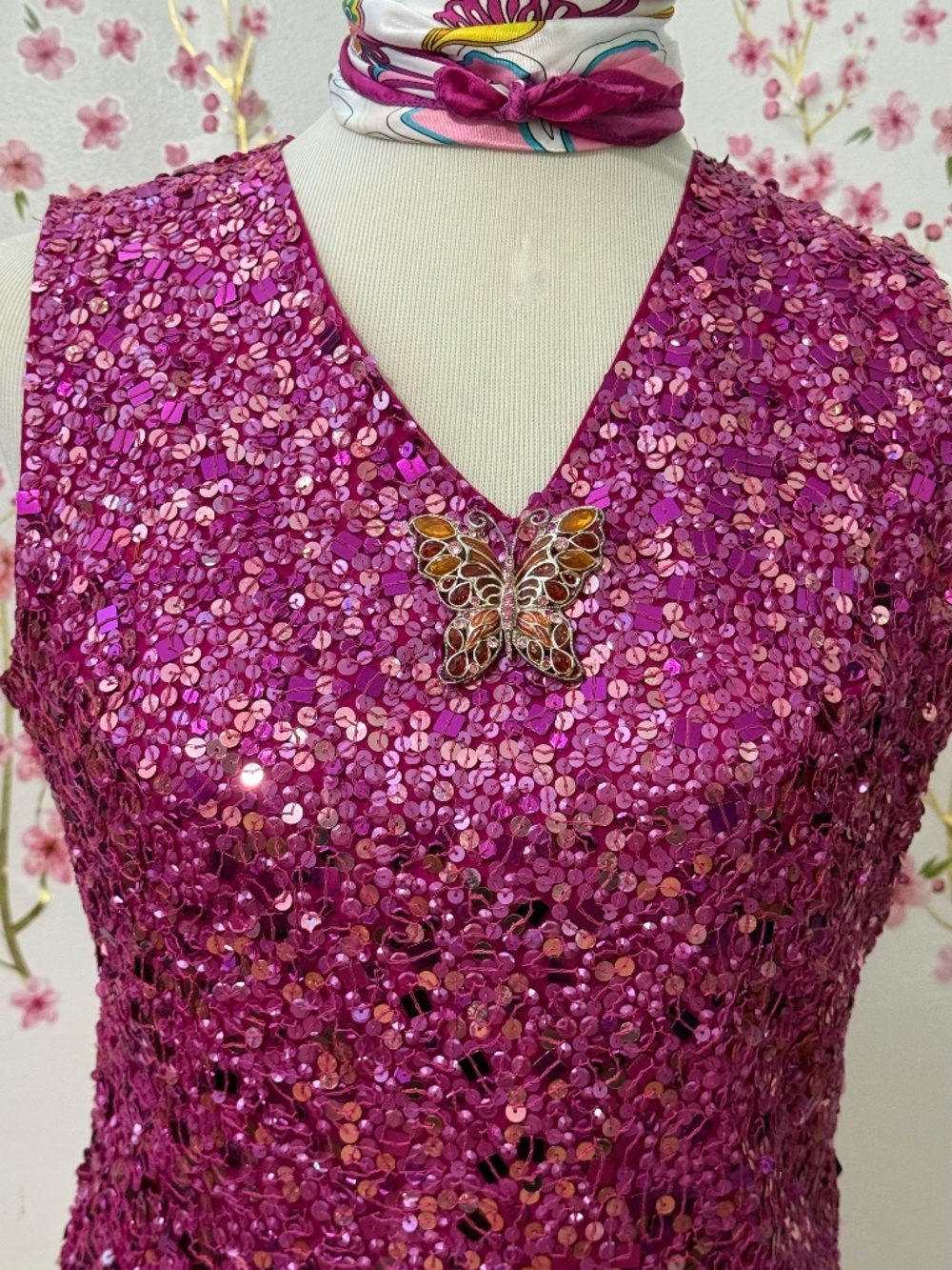 VTG Laurence Kazar Fuchsia Silk & Sequin Top 90's Glamour Evening. SZ M